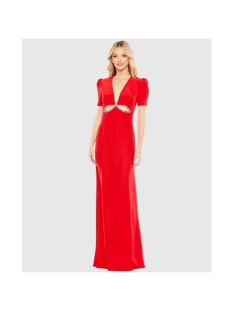 Other Designers leena Mac Duggal A2630 Plunge Neck Puff Sleeve Cut Out Gown Red Sz‎ 8 $458
