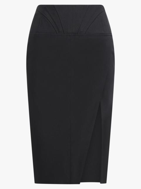 MUGLER FRONT SLIT HEAVY FLUID WAIST DETAIL MIDI SKIRT | BLACK