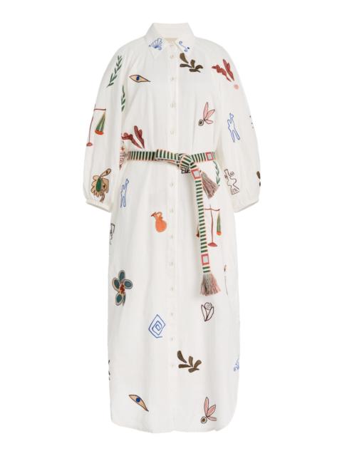 ALÉMAIS Mina Embroidered Ramie Midi Shirt Dress off-white
