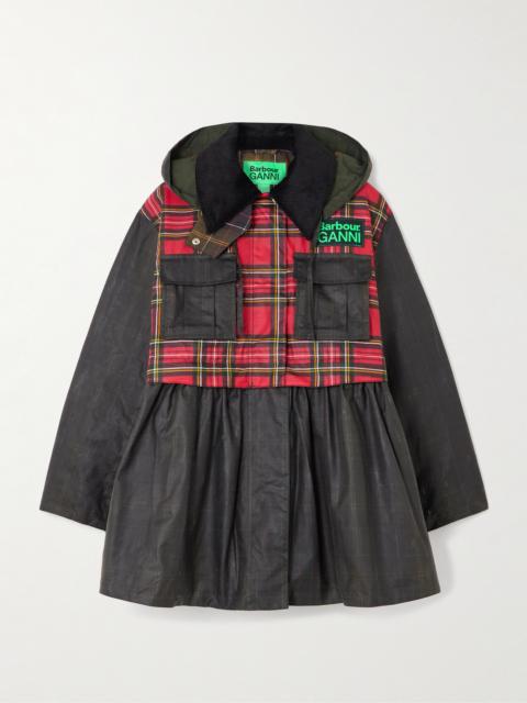 Barbour + Ganni Hooded Corduroy-trimmed Checked Waxed-cotton Peplum Jacket