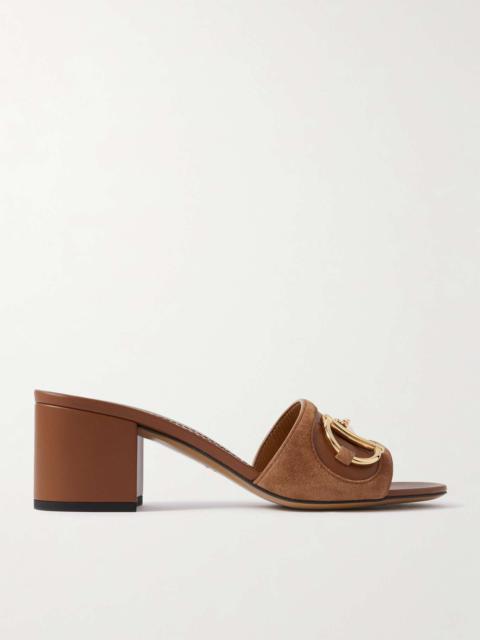 Alfa horsebit-embellished suede-trimmed leather mules Brown