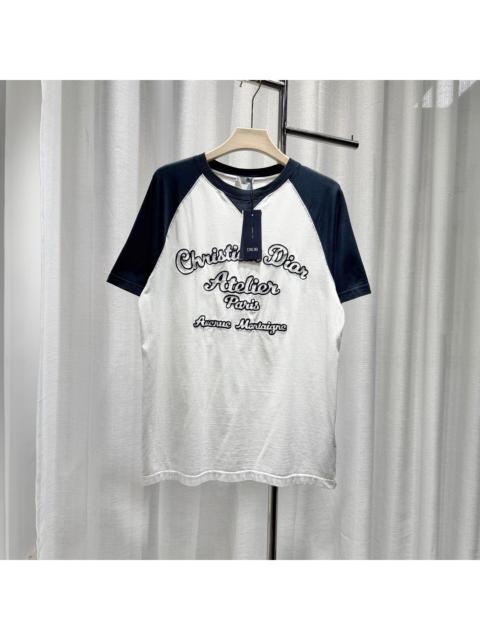 Dior Dior Slogan Embroidered Logo Blue Color-Block Cotton Short Sleeve T-Shirt