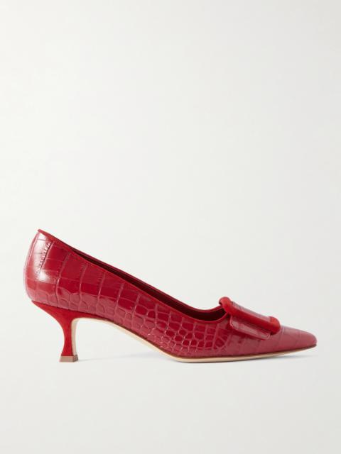 Manolo Blahnik Maysale 50 Buckled Suede-trimmed Croc-effect Leather Pumps