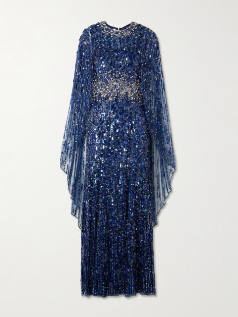 JENNY PACKHAM Honey Dew Cape-effect Embellished Tulle Gown