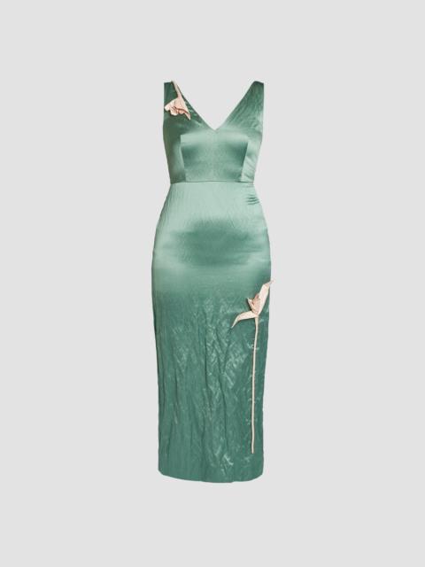 Erdem EMBROIDERED TEXTURED SATIN SLEEVELESS MIDI DRESS