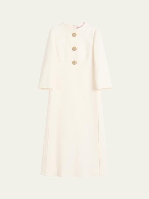 Valentino Quarter-Sleeve Brooch Wool Midi Dress