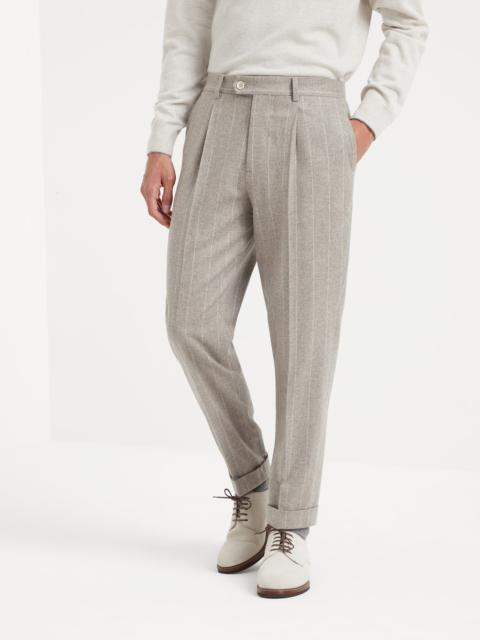 Brunello Cucinelli Wool and cashmere wide chalk stripe combed flannel leisure fit trousers with pleat