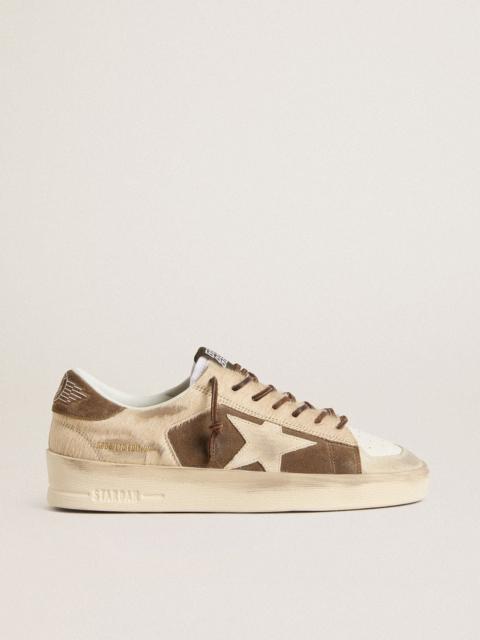 Golden Goose Women’s Stardan in military-green suede and beige pony skin with beige suede star