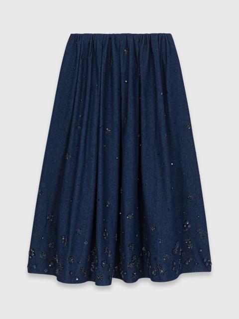 maje Embroidered denim midi skirt