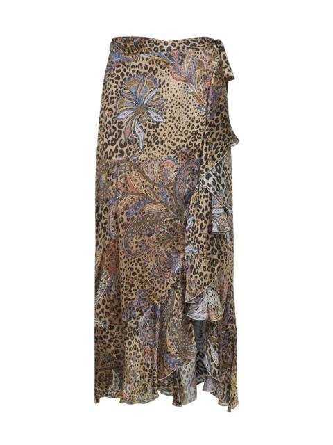 Etro Brown animalier Peau d'Ange silk wrap midi skirt