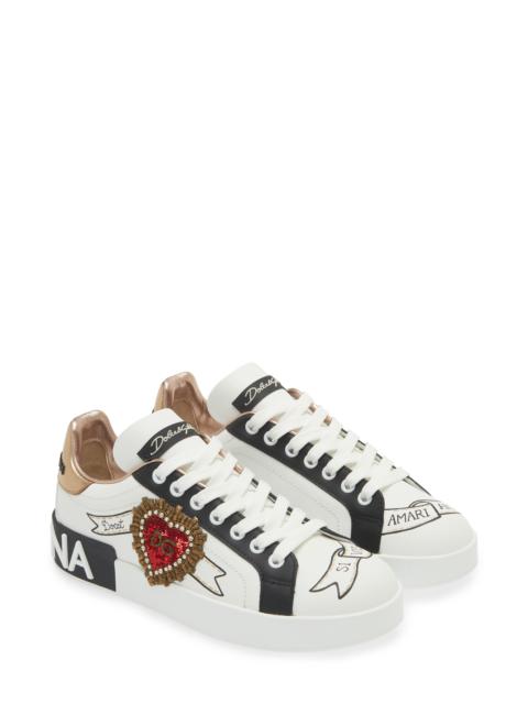 Dolce & Gabbana Dolce&Gabbana Portofino Embellished Leather Sneaker in Embroidery- White/Gold at Nordstrom
