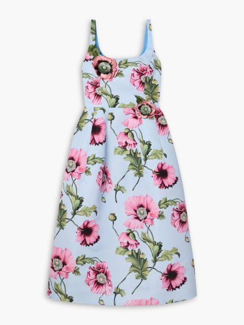 Oscar de la Renta Appliquéd floral-print faille midi dress