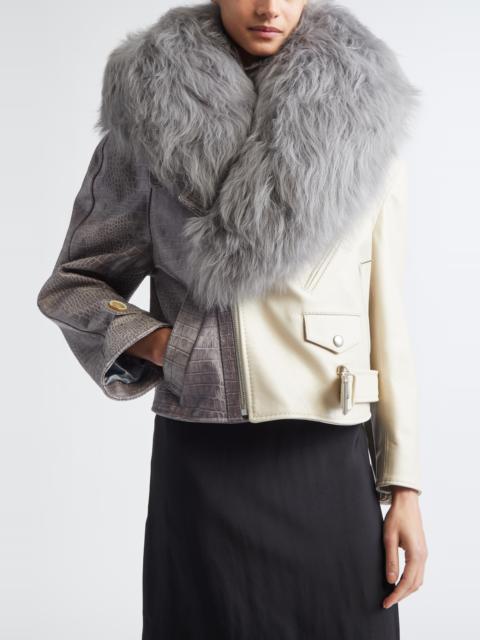 Marni Marni Leather Biker Jacket with Genuine Shearling Collar in Pearl at Nordstrom