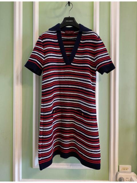 GUCCI Gucci Striped Knit Dress Cotton Elastane V-Neck Short Sleeve Gold Button