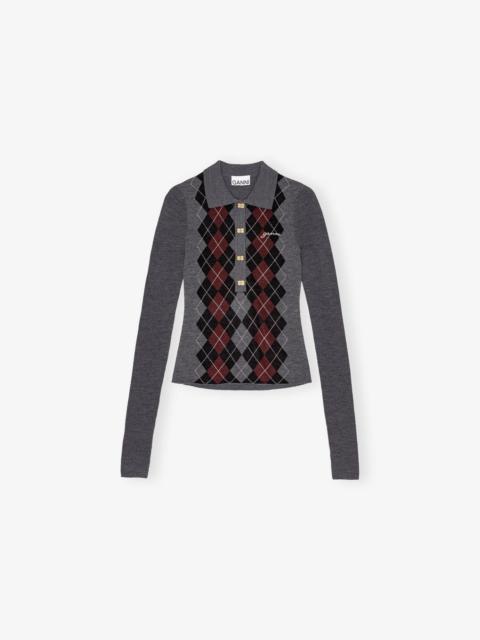 GANNI GREY FINE MERINO POLO