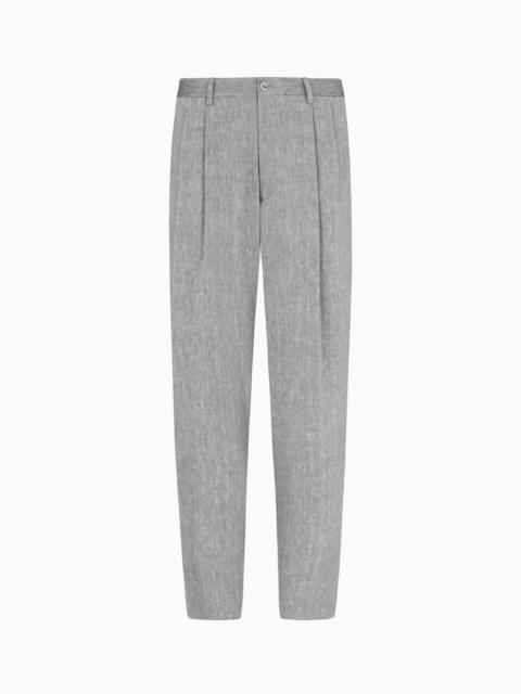 GIORGIO ARMANI DOUBLE-PLEAT TROUSERS IN CHEVRON LINEN AND VIRGIN WOOL
