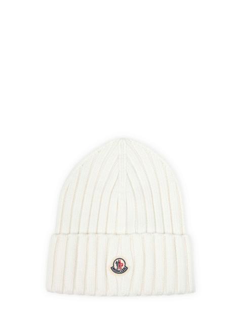 Moncler White virgin wool knit logo beanie