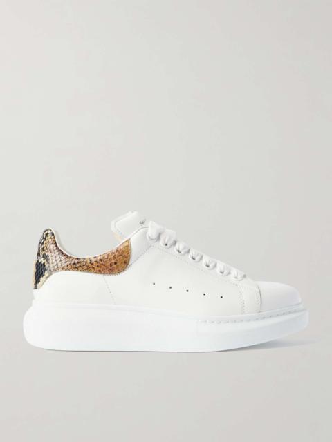 Leather and snake-effect leather exaggerated-sole sneakers White