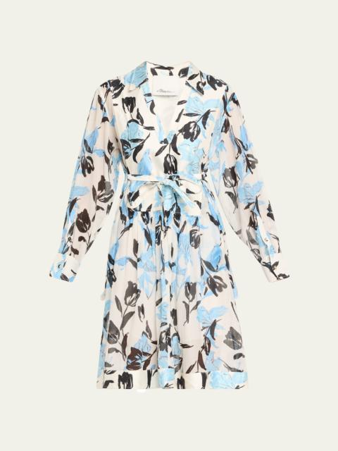 Joyful Tulips Long-Sleeve Shirt Dress with Waist Tie