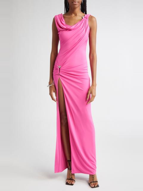 VERSACE Versace Safety Pin Stretch Crepe Gown in Dragon Fruit at Nordstrom