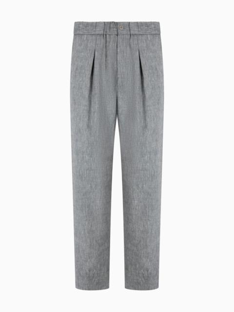 GIORGIO ARMANI SINGLE-PLEAT, DENIM-EFFECT LINEN AND VIRGIN WOOL TROUSERS