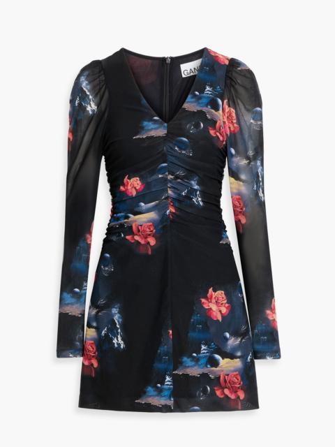 GANNI Ruched floral-print stretch-mesh mini dress