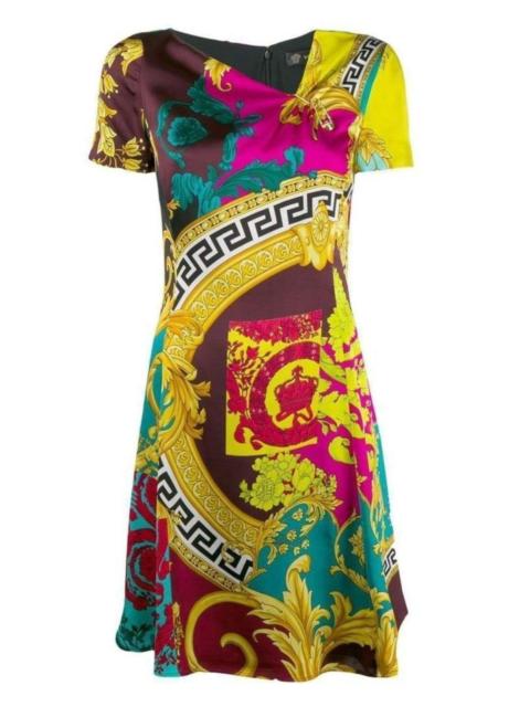 VERSACE Short-Sleeve Multicolored Silk Dress