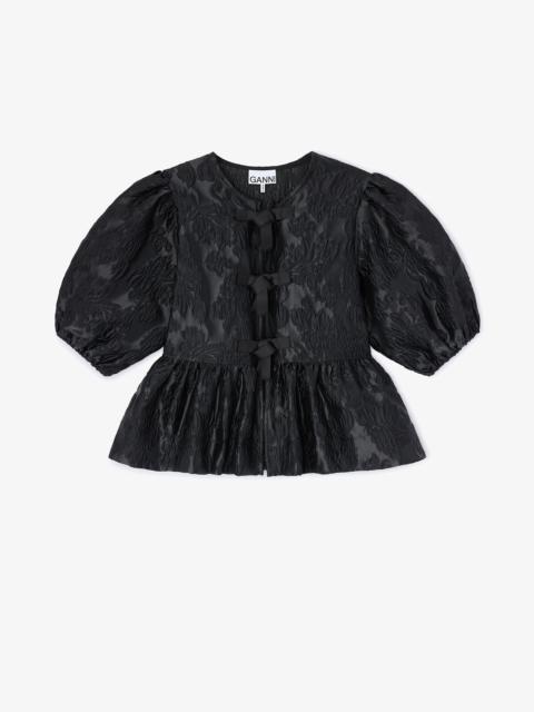 GANNI SATIN PEPLUM TIE BLOUSE