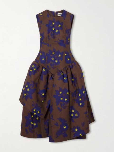 SHUSHU/TONG Asymmetric Embellished Gathered Printed Taffeta Dress