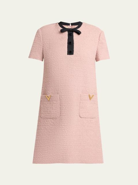Valentino V-Logo Pocket Bow-Neck Tweed Mini Dress