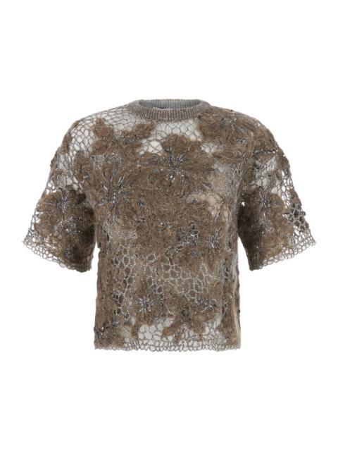 Brunello Cucinelli Brunello Cucinelli Women Beige Crew Neck T-Shirt With Deconstructed Shoulders In Wool Blend For Wome