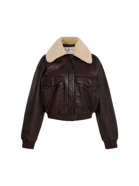 Sea Lenoir Shearling-Trimmed Leather Cropped Bomber Jacket brown