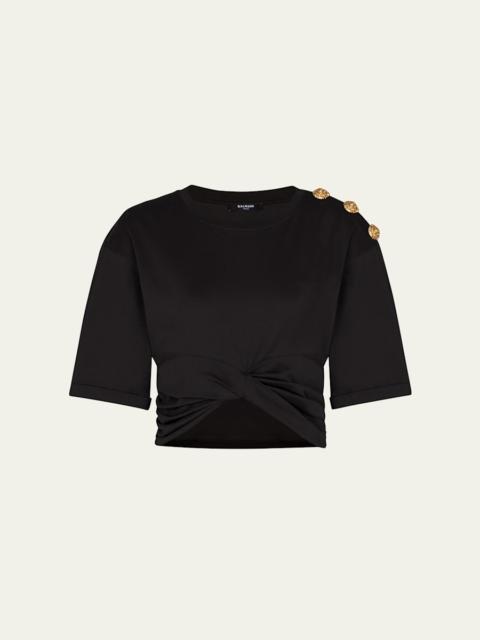 Balmain 3-Button Twisted Short-Sleeve Crop T-Shirt