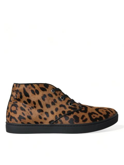 Dolce & Gabbana Brown Leopard Pony Hair Leather Sneakers Shoes