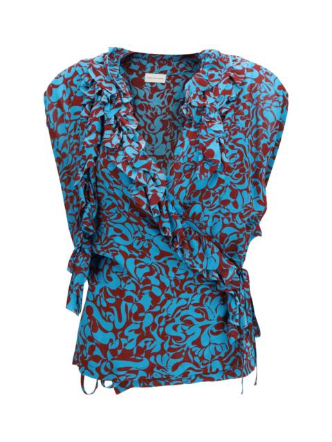 Dries Van Noten Dries Van Noten Printed Cotton Blouse Turquoise