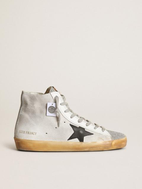 Golden Goose Francy sneakers in white suede with tongue in Swarovski micro-crystals and black leather star