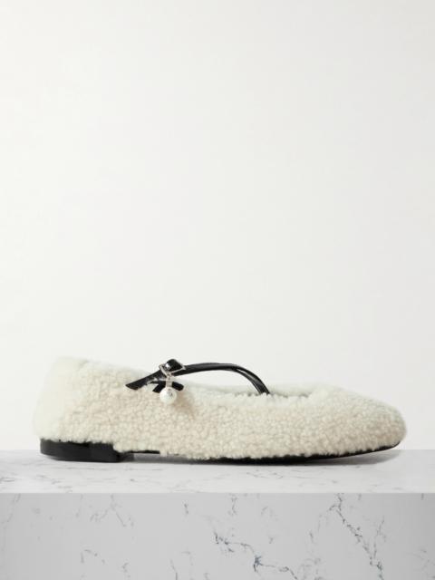 JIMMY CHOO Eleri Embellished Patent Leather-trimmed Shearling Ballet Flats