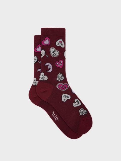 Paul Smith Women's Burgundy 'Hearts and Stars' Cotton-Blend Socks