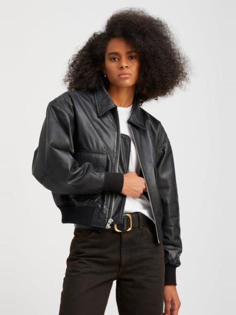 SPRWMN BLACK LEATHER CROPPED AVIATOR BOMBER