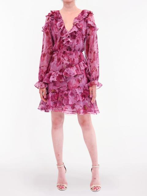 Marchesa PLEATED LONG SLEEVE CHIFFON MINI DRESS
