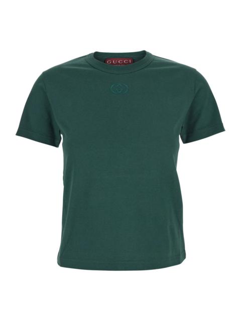 GUCCI Gucci Women Green Crewneck T-Shirt With Double G Embroidery On The Front In Fabric Woman
