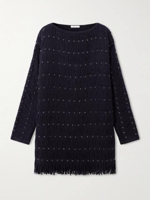 diotima Notte Fringed Embellished Open-knit Merino Wool-blend Mini Dress