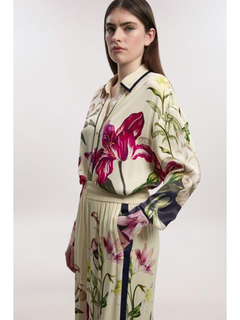 KAREN MILLEN Viscose Satin Floral Print Oversized Woven Shirt