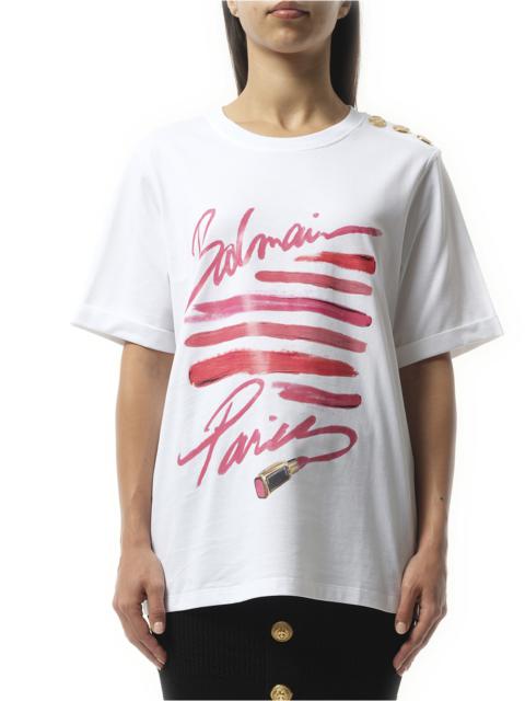 Balmain 3 Btn Balmain Lipstick Print T-Shirt in White