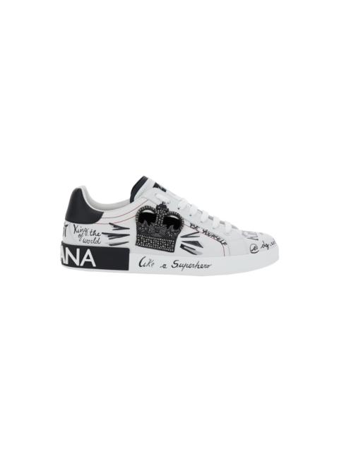 Dolce & Gabbana White Low Top Sneakers With Logo Patch On The Tongue And All-over Print In Leather Man