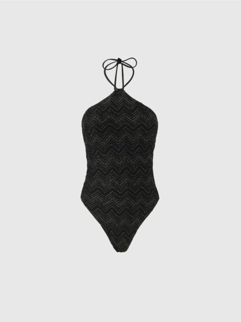 Missoni Zig zag lamé viscose one-piece swimsuit with halter neck