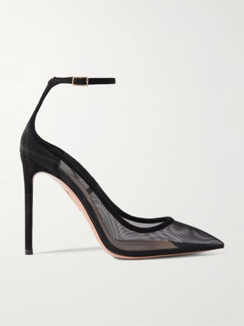 AQUAZZURA Love Affair 105 suede-trimmed mesh pumps Black
