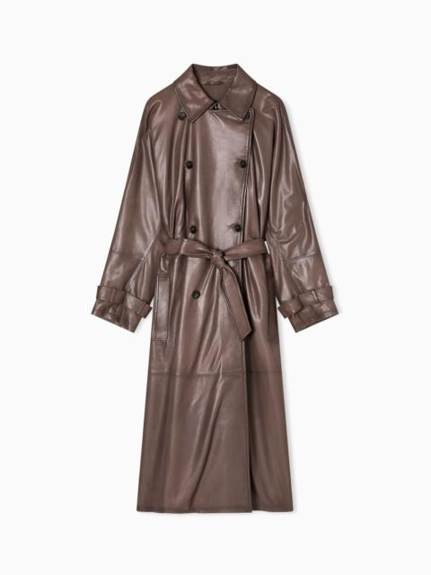 EMPORIO ARMANI NAPPA-LAMBSKIN, DOUBLE-BREASTED TRENCH COAT WITH BELT