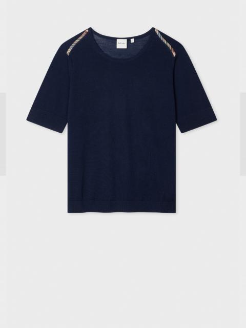 Paul Smith Women's Navy Silk-Wool Blend 'Signature Stripe' Trim Knitted Top