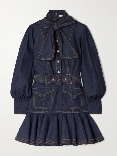 Zimmermann Tie-detailed Belted Ruffled Denim Mini Dress